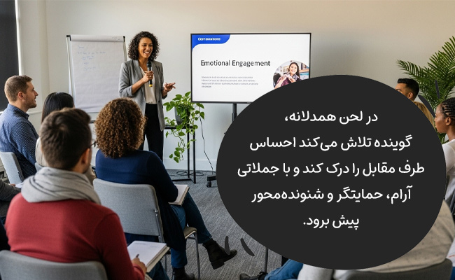 لحن همدلانه زمانی اهمیت پیدا میکند که مخاطب در موقعیتی حساس، ناراحت یا تحت فشار قرار دارد.